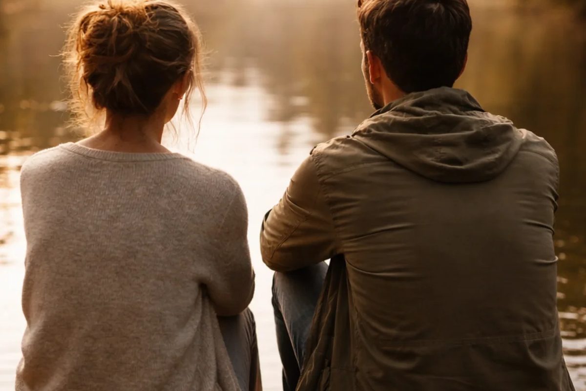 Dos personas sentadas juntas al borde de un muelle de madera, de espaldas, mirando el agua de un lago al amanecer.
