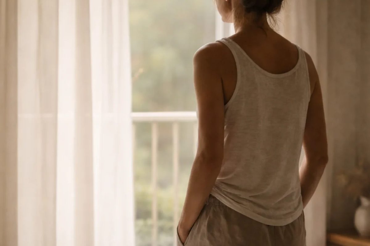 Mujer de espaldas, sentada sobre la cama, mirando por la ventana entre visillos a primera hora de la mañana.