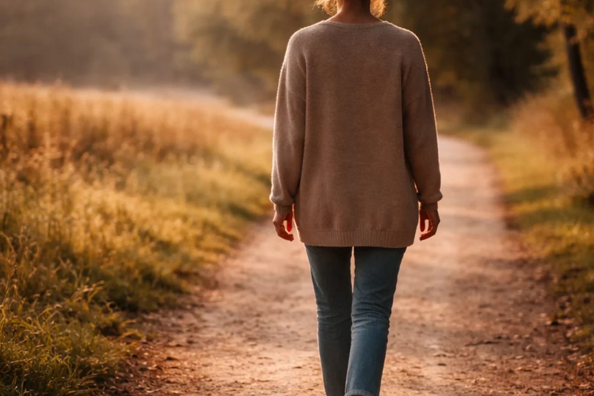 Mujer caminando sola por un sendero de tierra, de espaldas, con la luz dorada del atardecer de frente.