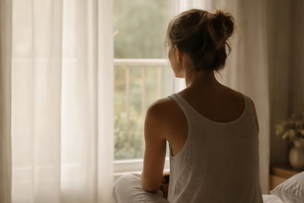 Mujer sentada en la cama, de espaldas, mirando hacia la ventana con la luz de la mañana entrando entre las cortinas.