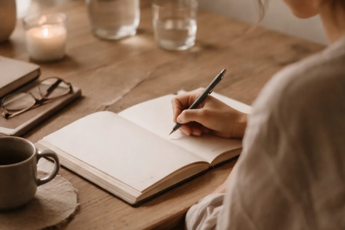 Mujer escribiendo a mano en un cuaderno abierto sobre una mesa de madera, junto a una taza, unas gafas y una vela encendida.