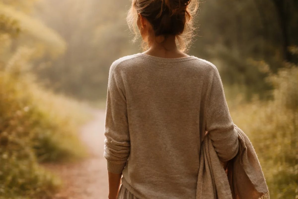 Mujer caminando despacio por un sendero entre árboles, de espaldas, con un chal en el brazo y luz cálida entre las hojas.